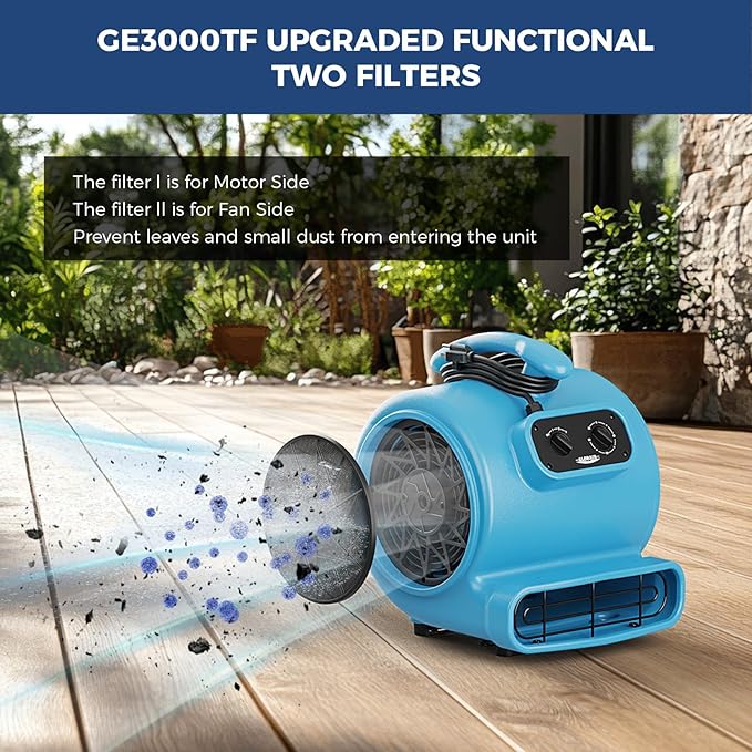 ALORAIR 3000 CFM Air Mover Blower Fan for Industrial, Floor Drying Fan, Carpet Dryer - Timer, Filter, Stackable, 3 Speeds, 5 Adjustable Angles, for Water Damage Restoration and Plumbing - GE3000TF - Image 3