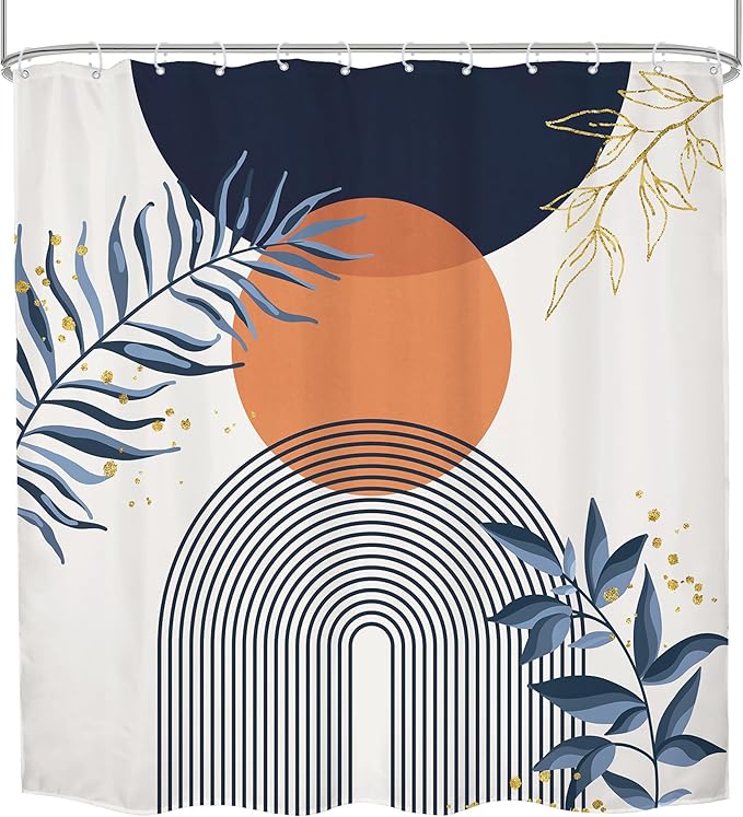 Navy Blue Boho Shower Curtain 72Wx72H Modern Abstract Bohemian Blue Gold Leaves Orange Minimalist Mid Century Plant Bathroom Decor Neutral Geometric Bath Curtain Fabric Polyester 12 Pack Hooks - Image 7