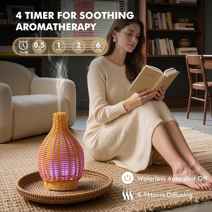 Boho Essential Oil Diffuser for Home -150ml Ultrasonic Fragrance Diffuser Humidifier Whisper Quiet Timer Setting 7 LED Colors Changing Lights for Home Office Decor & Gift (Handwoven) - Image 3