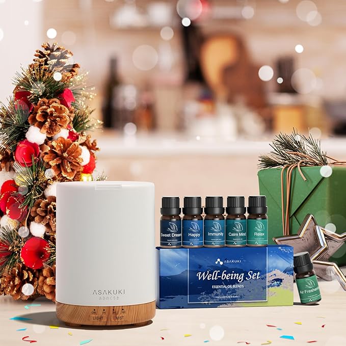 ASAKUKI Essential Oil Diffuser, Aromatherapy Cool Mist Home Humidifier with 7 LED Color Changing Light and Auto-Off Safety Switch, 6 Essential Oils Set, 300ml (Brown with Oils) - Image 8