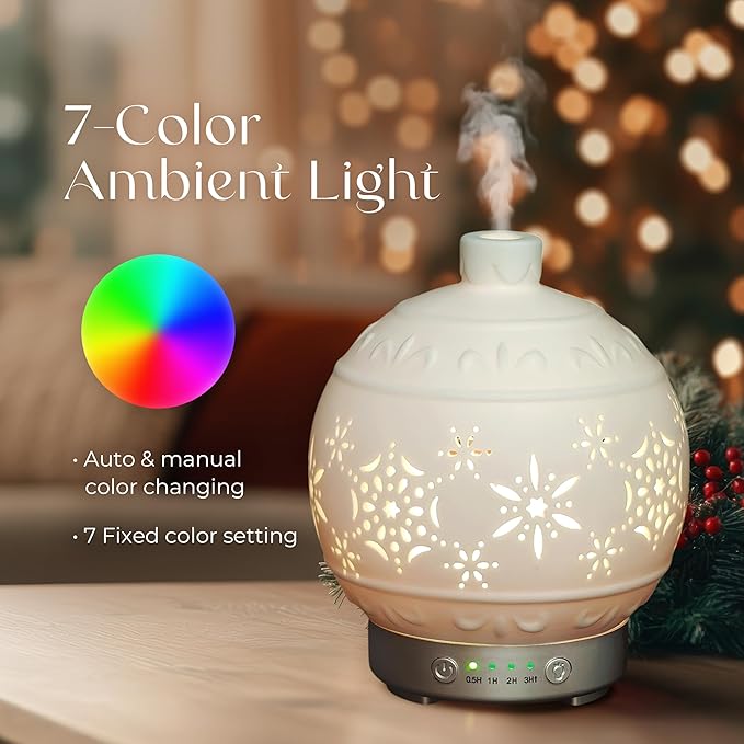 Earnest Living Christmas Ball Essential Oil Diffuser White Ceramic 100 ml Diffuser Home Décor, 7 Color Lights, Timers, Auto Off Cool Mist Humidifier Aromatherapy Diffuser - Image 3