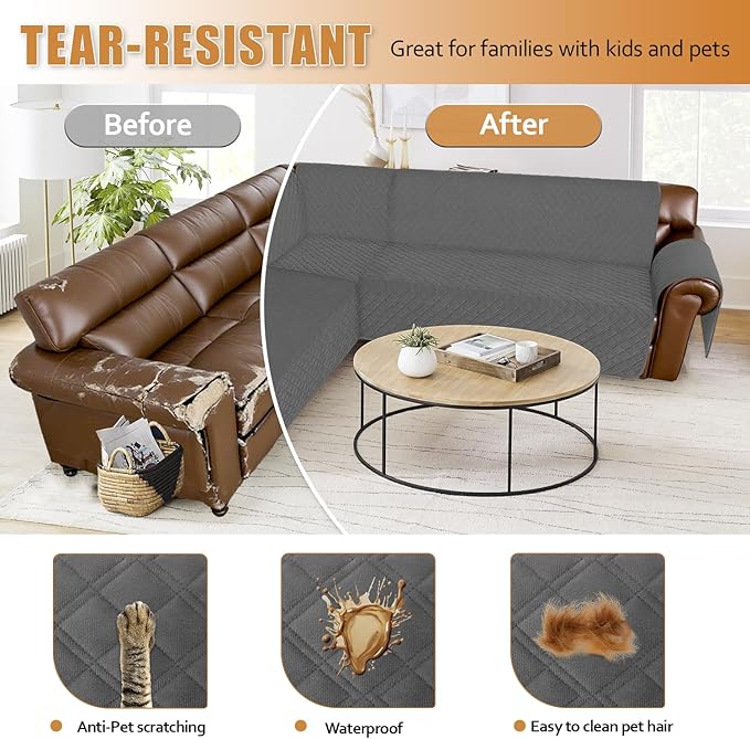 Arfntevss Waterproof Sectional Couch Covers L Shape Washable Velvet Sofa Cover for Sectional Non Slip Large Corner Slipcovers Dog 6 Pcs Universal U Shaped Furniture Protector (Dark Grey, X-Large) - Image 7