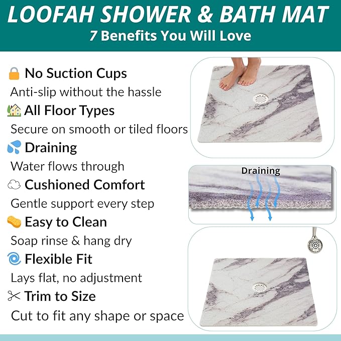 Enkosi Loofah Shower Mat with Drain Hole – Cushioned Anti-Slip Square Bath Mat for Showers, Wet Bathroom Floors – Textured PVC, Secure Non Slip Safety Pad for Walk-in Stalls (27x27 Marble Grey) - Image 4