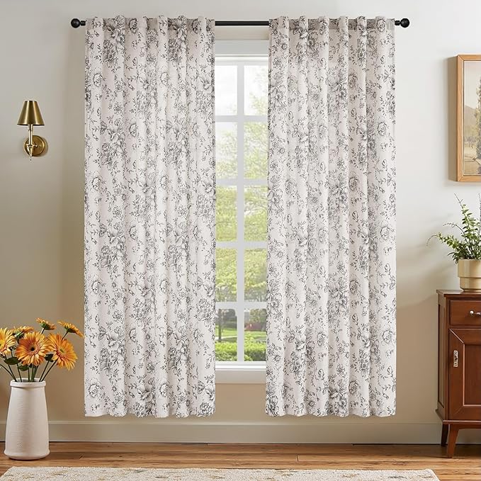 jinchan Linen Blend Curtain Floral Curtains for Living Room 72 Inch Length Black Printed Curtain Rod Pocket Back Tab Farmhouse Peony Flower Patterned Drapes Bedroom Window Curtains Set 2 Panels - Image 2