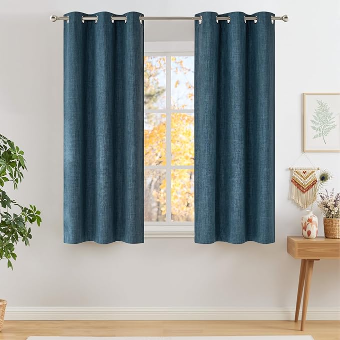 NICETOWN Short Faux Linen Stone Blue Blackout Curtains 63 inches Long for Kitchen - Privacy Panels for Living Room Bedroom, Modern Farmhouse Style Easy Care Grommet Top, 2 Panels, W42 by L63 by NICETOWN
