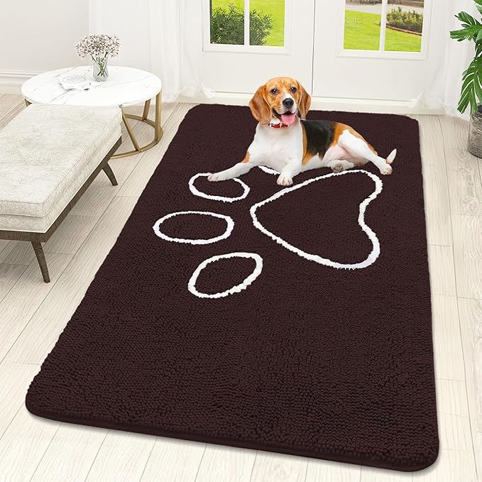 OLANLY Dog Door Mat for Muddy Paws 59x32, Paw Print Design, Absorbs Moisture and Dirt, Absorbent Non-Slip Washable Doormat, Quick Dry Chenille Mud Mat for Dogs, Entry Indoor Entryway Carpet, Brown by OLANLY