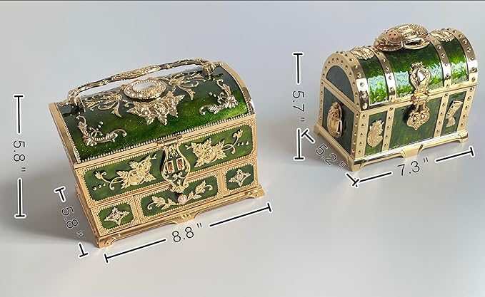 Retro Jewelry Box Arched Vintage Rectangular Metal Chest Necklace Ring Earrings Storage Case for Women Girls (Golden Transparent Green, L Lock) - Image 3