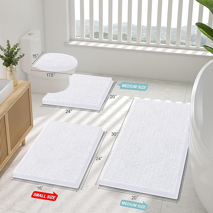 Smiry Luxury Chenille Bathroom Rugs 36x24, Extra Soft and Absorbent Shaggy Bath Mat, Machine Washable, Non-Slip Plush Carpet Runner for Tub, Shower, and Floor, Home Decor Accessories, White - Image 2