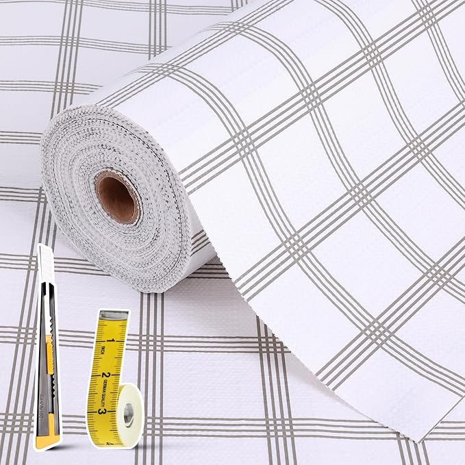 Drawer and Shelf Liner for Kitchen Cabinet: 17 in X 20 Ft Non Slip Waterproof Shelf Paper Non Adhesive Refrigerator Liners White Square Easy Liners for Bathroom Cupboard with Knife Tape Measure by Kimhan