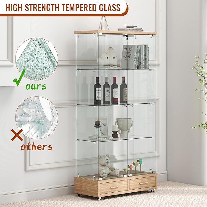 Yoluckea 4-Tier Glass Display Cabinet with LED Lighting and 2 Drawers, 2-Door Floor Standing Curio Cabinet with Wheel for Home, Office, Corner Display,Natural Glass Bookshelf for Collections and Decor - Image 6