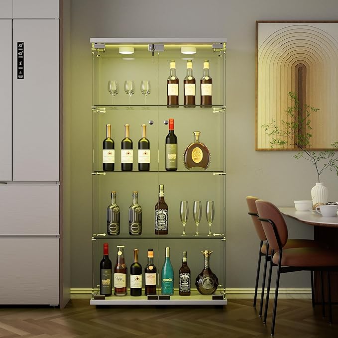 Yoluckea 4 Shelves Glass Display Cabinet with LED Light and 2 Doors,Floor Standing Clear Glass Curio Collection Display Cabinet for Living Room Bedroom 64.7” x 31.7” x 14.3” White - Image 5