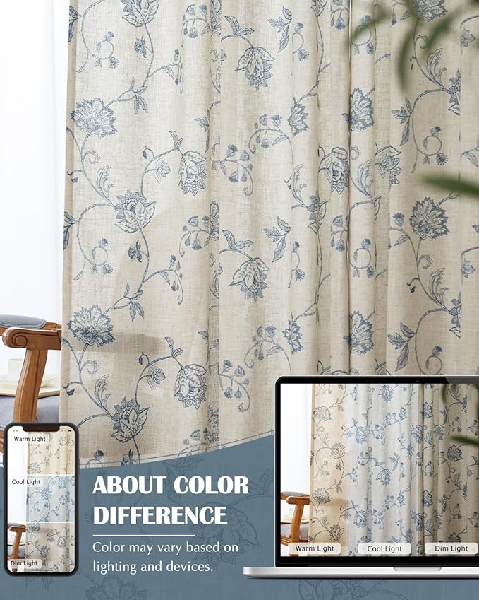 jinchan Linen Curtains Floral Curtain 84 Inch Length for Living Room Bedroom Light Filtering Rod Pocket Back Tab Jacobean Curtains Flax Linen Texture Window Drapes Set 2 Panels Blue on Linen - Image 7