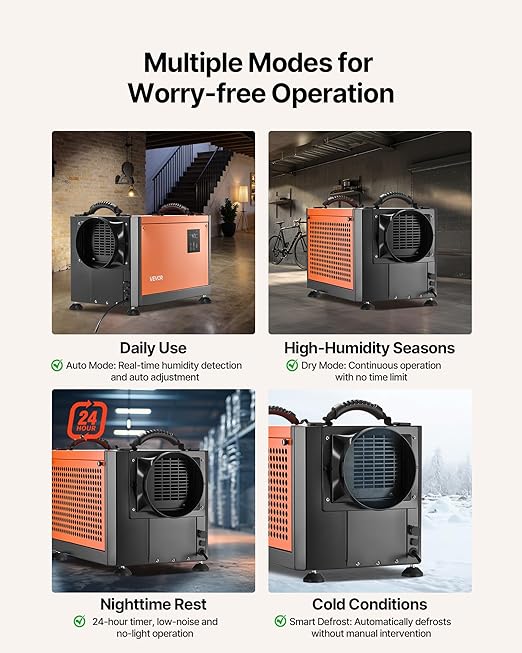 VEVOR 70 Pints Commercial Dehumidifier with Drain Hose, Portable Crawl Space Dehumidifiers for Basement Storage Room Industrial, Auto Defrost/Drainage, Heavy-duty Galvanized Steel, LED Indicate - Image 4