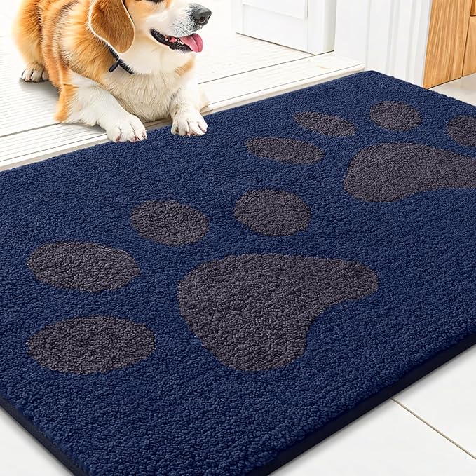 Smiry Dog Door Mat for Muddy Paws, Absorbs Moisture and Dirt, Low-Profile Entryway Mat with Non-Slip Backing, Entry Indoor Outdoor Doormat for Inside Floor (30x20 Inches, Navy Blue, Paw) by Smiry