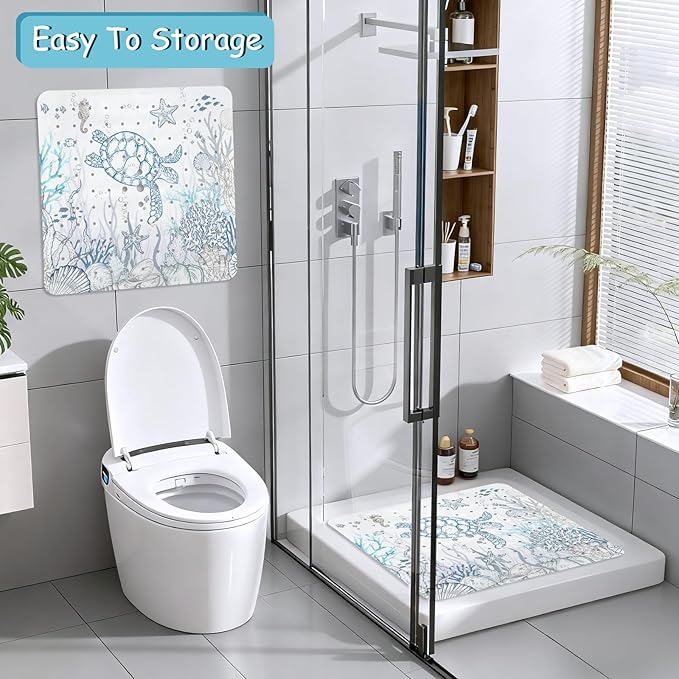 Sea Turtle Square Anti Slip Shower Mats for Inside Shower Accessories, Cute Bath Mats for Bathroom Non Slip Shower Floor Mat Decor Rubber Bathmat With Suction and Drain Holes Machine Washable, 21″X21″ - Image 7