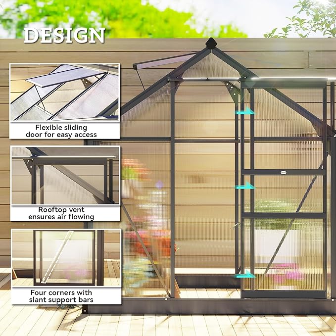 Outsunny 6' x 6' Greenhouse for Outdoors, Polycarbonate Greenhouse with Rain Gutter and Roof Vent, Aluminum Walk-in Green Houses for Outside for Patio Backyard Garden, Gray - Image 3