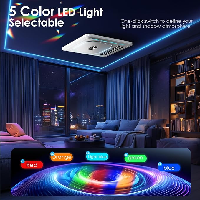 BSEED Bathroom Exhaust Fan with Bluetooth Speaker & Heater, 1800W Dual-Heat, 230 CFM, 3CCT+5-Color RGB Light, Negative Ion, Wall Control - Image 5