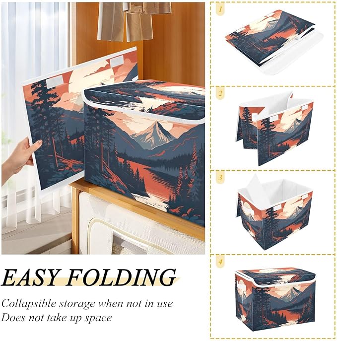 xigua Mountains Trees Storage Bins with Lids and Carrying Handle,Foldable Storage Boxes Organizer Containers Baskets Cube with Cover for Home Bedroom Closet Office - Image 4