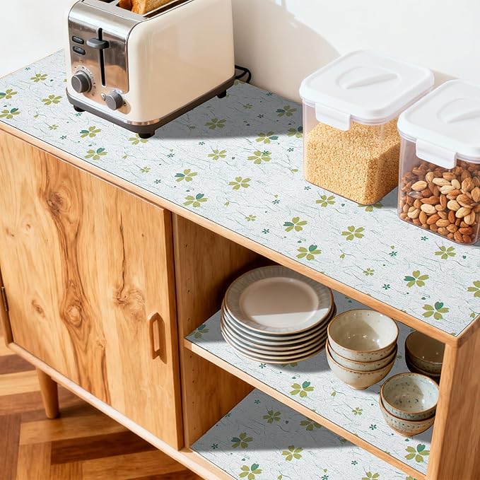 FIFTY FEET 18"x96" Non-Adhesive Shelf Liner for Kitchen Cabinets and Drawers, Washable Non-Slip PVC Cabinet Liner (Green Floral)(7 Roll) - Image 3