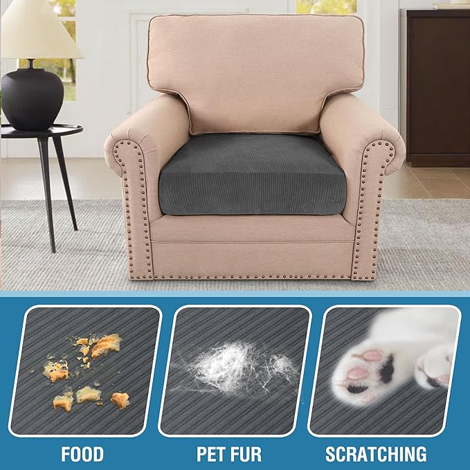 H.VERSAILTEX Velvet Stretch Couch Cushion Cover Plush Cushion Slipcover for Chair Cushion Furniture Protector Seat Cushion Sofa Cover (1 Piece Armchair Cushion Covers, Grey Striped) - Image 3