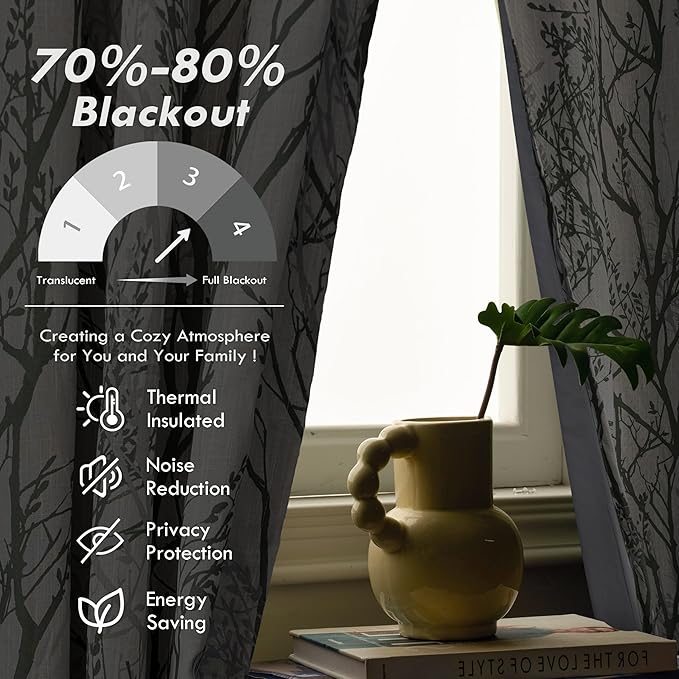 DriftAway Linen Printed Blackout Curtains Tree Branch Pattern Double Layer 96 Inches Long for Bedroom Thermal Insulated Summer Sound Lined Grommet Drapes for Living Room 2 Panels Loden Green/Linen - Image 5