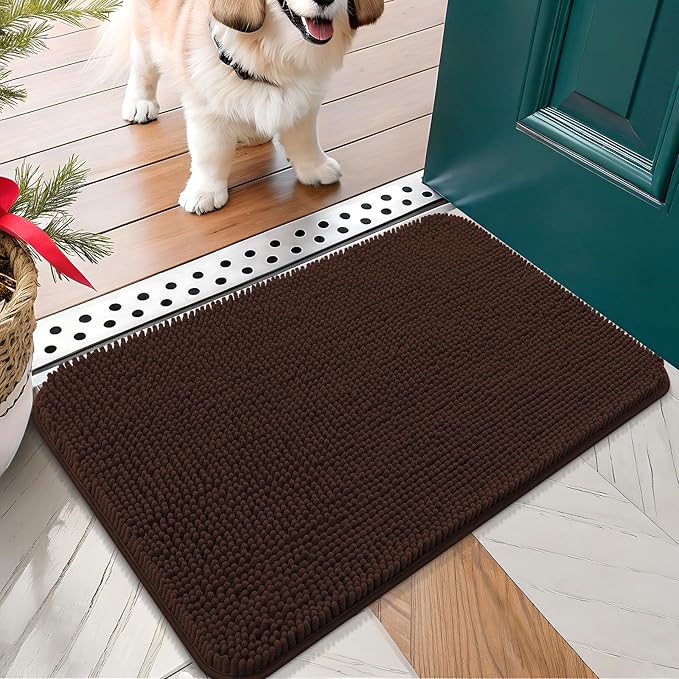 OLANLY Dog Door Mat for Muddy Paws 30x17, Absorbs Moisture and Dirt, Absorbent Non-Slip Washable Doormat, Quick Dry Chenille Mud Mat for Dogs, Entry Indoor Entryway Carpet for Inside Floor, Brown by OLANLY