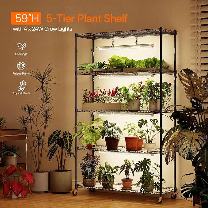 Bstrip Plant Shelf with Grow Light with Timer, Metal Plant Stand with Adjustable Rack and Wheels, 4 Pack 24W Full Spectrum Grow Light Strip for Indoor Plants, Seed Starting, 35.4"x13.8"x59" - Image 3