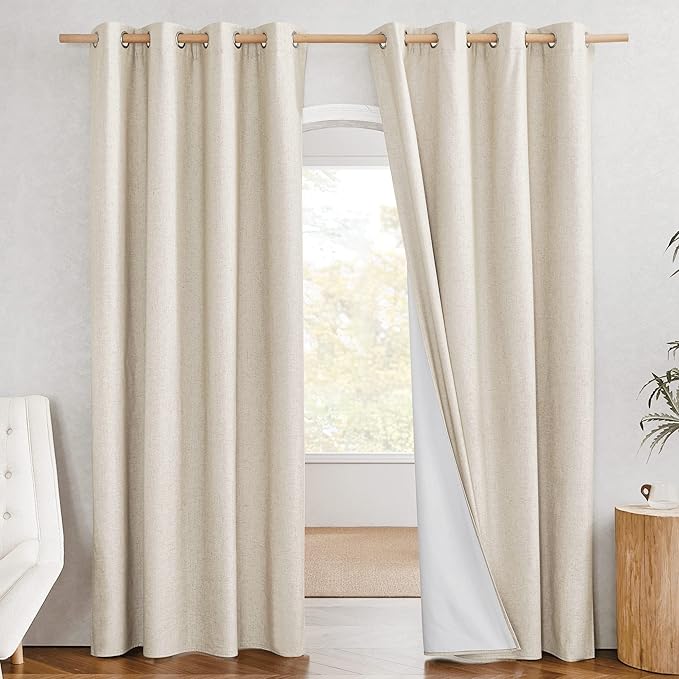 NICETOWN 100% Absolutely Blackout Linen Curtains with Thermal Insulated White Liner, 52" W, 2 PCs, Beige, 90" Long Drapes Sweep The Floor Decorative Keep Privacy Panels for Living Room/Villa/Bedroom - Image 2