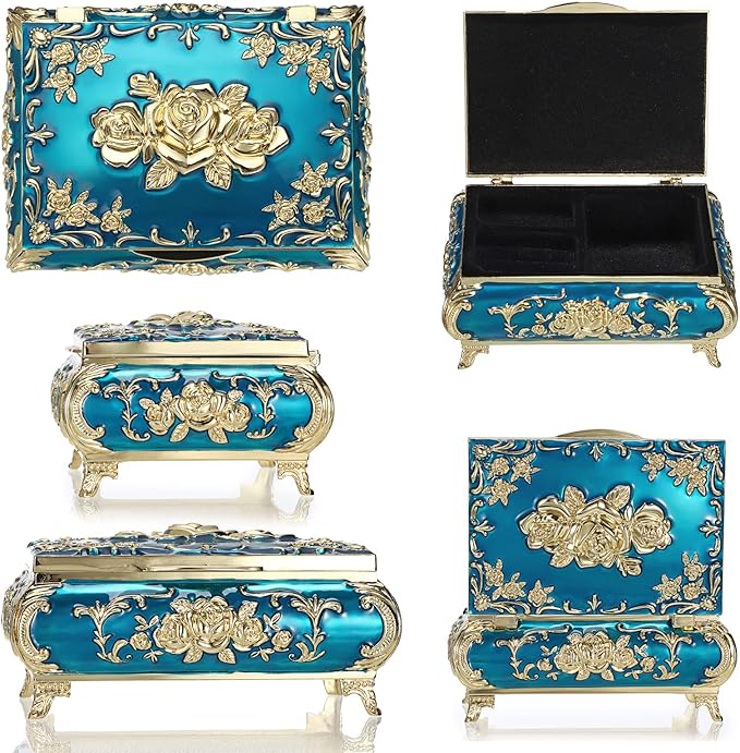 Hipiwe Metal Decorative Jewelry Box Vintage Treasure Chest Case Ornate Trinket Organizer Earrings Necklace Bracelet Storage Box Ring Holder Keepsake Box for Women - Image 8