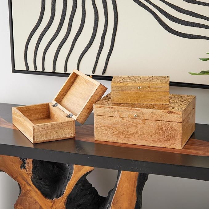 Deco 79 Mango Wood Scroll Handmade Decorative Box Storage Decorative Keepsake Box with Gold Accents, Set of 3 Storage Box 11", 9", 7"W, Brown - Image 2