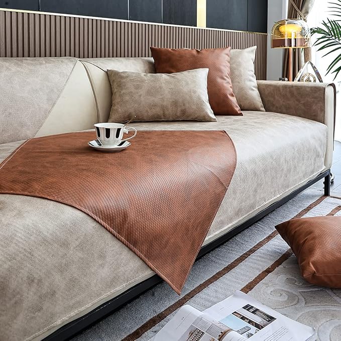 Faux Leather Waterproof Couch Sofa Cover Vintage PU Sectional Couch Cover Non Slip Sofa Slipcover Furniture Protector for Kids Dogs Cats (Cream,28"x59") - Image 4