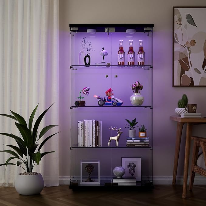 Yoluckea 4 Shelves Glass Display Cabinet with LED Light and 2 Doors,Floor Standing Clear Glass Curio Collection Display Cabinet for Living Room Bedroom 64.7” x 31.7” x 14.3” Black - Image 5