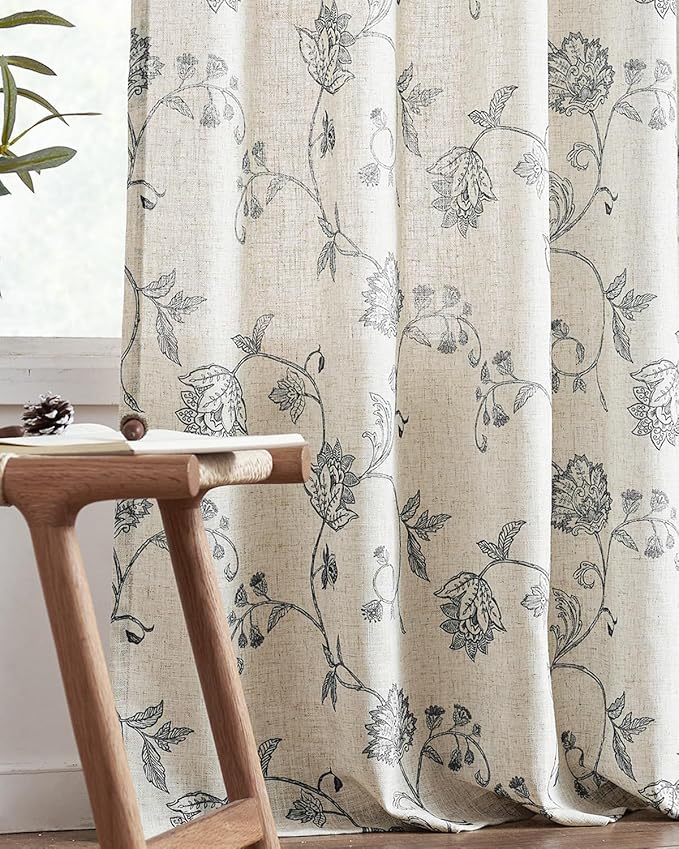 jinchan Linen Curtains Floral Curtain 84 Inch Length for Living Room Bedroom Light Filtering Rod Pocket Back Tab Jacobean Curtains Flax Linen Texture Window Drapes Set 2 Panels Black on Linen - Image 8