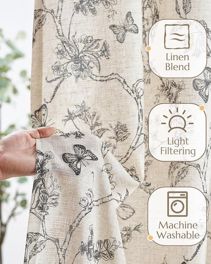 jinchan Floral Linen Curtains for Living Room 84 Inch Length Butterfly Curtain Black Floral Curtains French Country Farmhouse Curtain Flower Patterned Drapes Window Treatment Set 2 Panels - Image 4