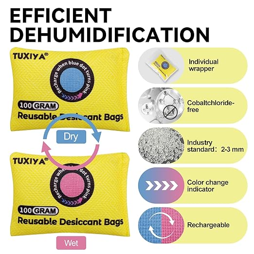 24Pack(100g Each) Rechargeable Silica Gel Desiccant Packets,Color Indicating Desiccant Packs for Storage,Moisture Absorbers for Storage Bins,Suitcase,Safes,3D Filaments,Wet Zones and Cars - Image 3