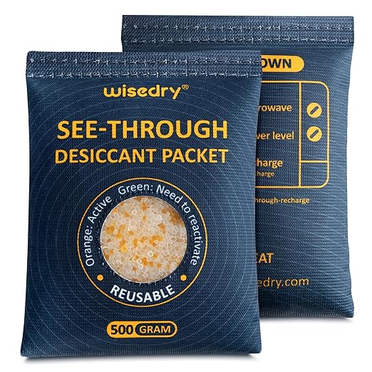 wisedry 2 x 500 Gram See-Through Silica Gel Packets, Color-Indicating Desiccant Packs for Storage, Reusable Safe Dehumidifier, Heat Resistant Dehumidifier Bags by wisedry