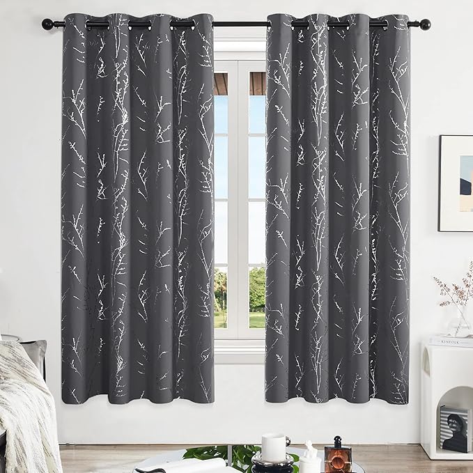 Deconovo Grey Blackout Curtains, Thermal Insulated Soundproof Drapes, Silver Branch Foil Print, 52 x 72 Inch, 2 Panels, Machine‑Washable Privacy Window Panel for Living Room Bedroom Nursery Office - Image 2