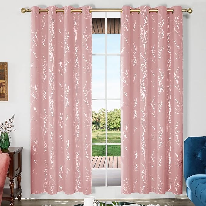 Deconovo Pink Curtains, Blackout Drapes, Thermal Insulated Soundproof Privacy Curtain, Silver Tree Print, 52 x 84 Inch, Machine Washable Window Panels for Girls Bedroom Living Room Nursery, Set of 2 - Image 2