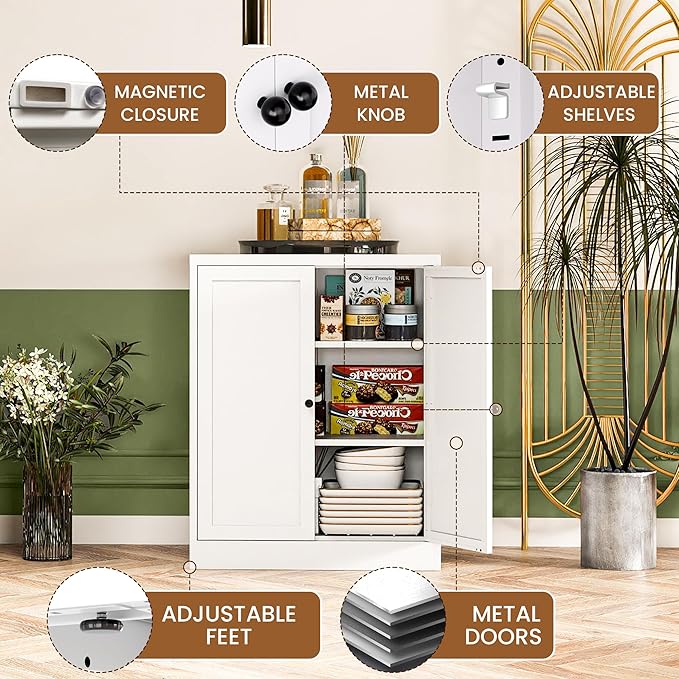 Metal Pantry Cabinet with 2 Adjustable Shelves, Small Kitchen Cupboard Storage Cabinet for Dining Room Living Room Bathroom Office(White) - Image 3