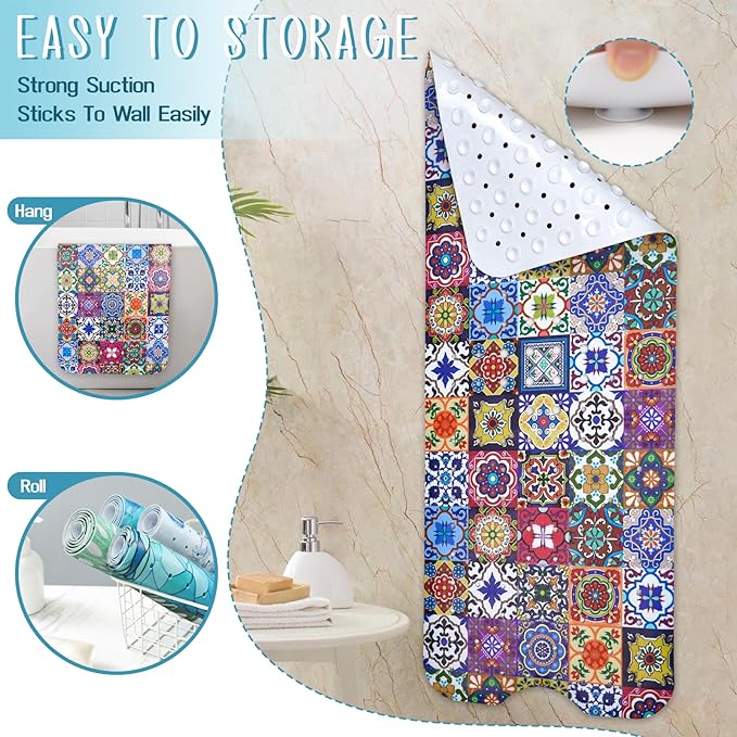 Boho Bathtub Mat Non Slip, Vintage Bath Tub Mat Baby Bath Mats for Bathroom Anti Slip Shower Mats for Inside Shower, Colorful Floral Bathmat with Suction and Drain Holes Machine Washable, 40″x16″ - Image 5