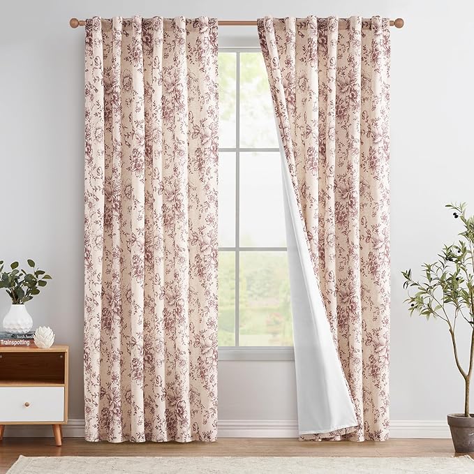 jinchan Lined Linen Blend Curtain Floral Curtains for Living Room 84 Inches Long Farmhouse Red Flower Printed Curtain Rod Pocket Back Tab Peony Patterned Drapes Curtains Set 2 Panels by JINCHAN