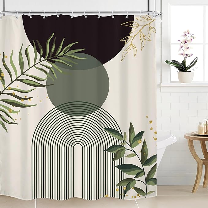 Dark Green Boho Shower Curtain 60Wx72H Black Green Modern Bohemian Mid Century Abstract Gold Leaves Plant Bathroom Decor Minimalist Geometric Neutral Bath Curtain Fabric Polyester 12 Pack Hooks by MitpokBrand