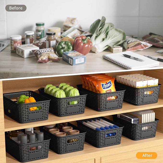 Black Plastic Storage Baskets - Pack of 8 with Labels Stackable Durable Storage Bins, Storage Containers for Organizing Desktops, Closets, Playrooms, Classrooms, Offices - Image 4