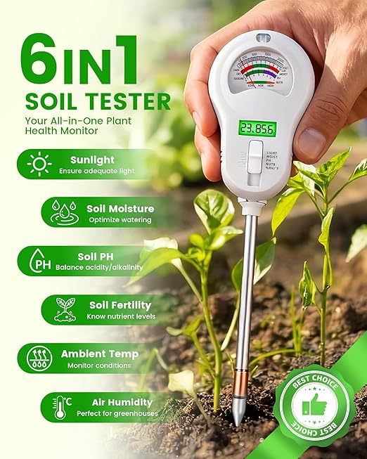 6-in-1 Soil Moisture Meter with 3 Probes, PH/Sunlight/Soil Moisture/Fertility with 3 Removable Probe, Digital Air Temp/Humidity, Soil Tester for Garden, Lawn, Indoor and Outdoor Plants - Image 2