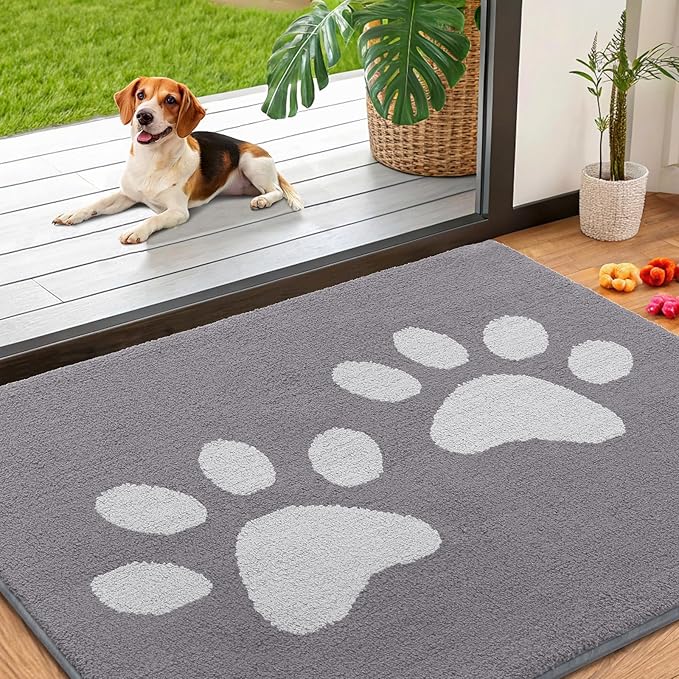 Smiry Dog Door Mat for Muddy Paws, Absorbs Moisture and Dirt, Low-Profile Entryway Mat with Non-Slip Backing, Entry Indoor Outdoor Doormat for Inside Floor (40x32 Inches, Light Grey, Paw) by Smiry