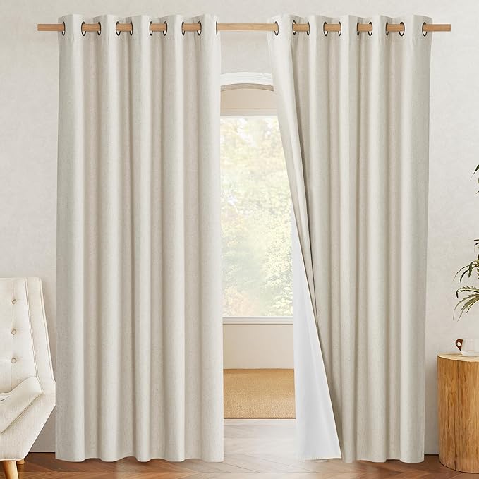 NICETOWN Natural 100% Blackout Linen Curtains 84 inch Long Burg for Living Room, 1 Pair, 62" Width Each Panel, Farmhouse Thick Completely Blackout Window Treatment Thermal Insulated Drapes - Image 2