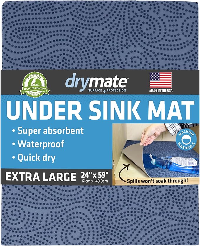 Drymate Premium XL Under Sink Mat, Waterproof Cabinet Protection Mats for Kitchen & Bathroom, Absorbent Shelf Liners, Slip-Resistant, Non-Adhesive, Machine Washable (USA Made)(24”x59”)(Blue) by Drymate