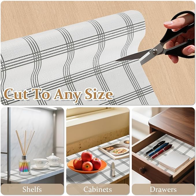FINNEZ Drawer and Shelf Liner for Kitchen Cabinet Non Adhesive Non Slip 12in x 20FT, Heavy Duty Gripper Cabinet Liners, Waterproof No Residue Easy Cut with Measuring Tape & Cutter Tool (White Stripes) - Image 7