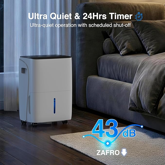 ZAFRO Dehumidifiers for Home and Basement with Drain Hose, Energy Saving Max 120 Pints Dehumidifier with Auto or Manual Drainage, Auto Defrost, Three Modes, 24Hrs Timer - Image 5