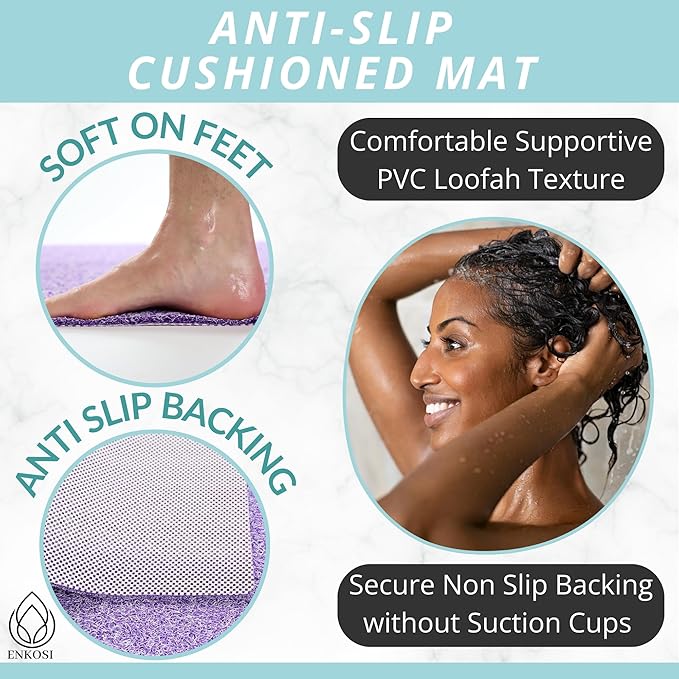 ENKOSI Loofah Non-Slip Shower and Bath Mat - Soft Cushioned Comfort - No Suction Cups for Smooth or Textured Tubs - Fast Draining - Safety for Bathroom, Family, Kids, and Elderly (24x16 Purple) - Image 2